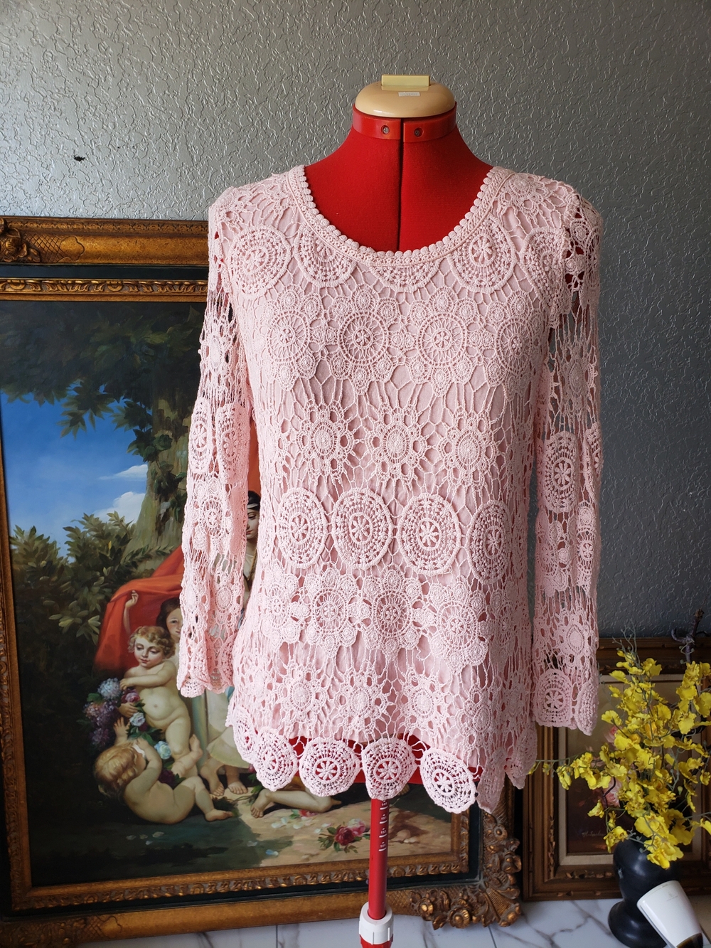 Blush Pink Crochet Lace Tunic Top